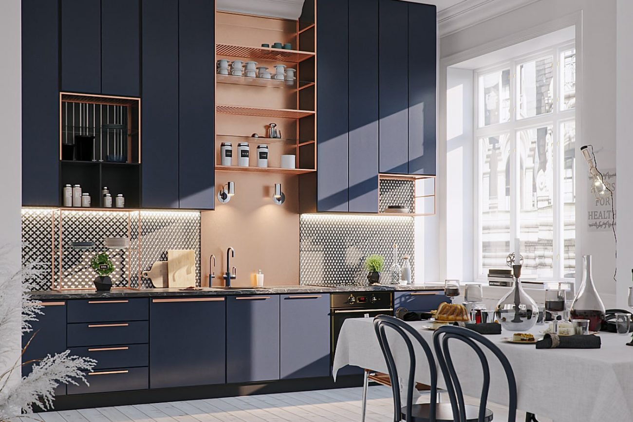 Render 3D Cozinha Azul