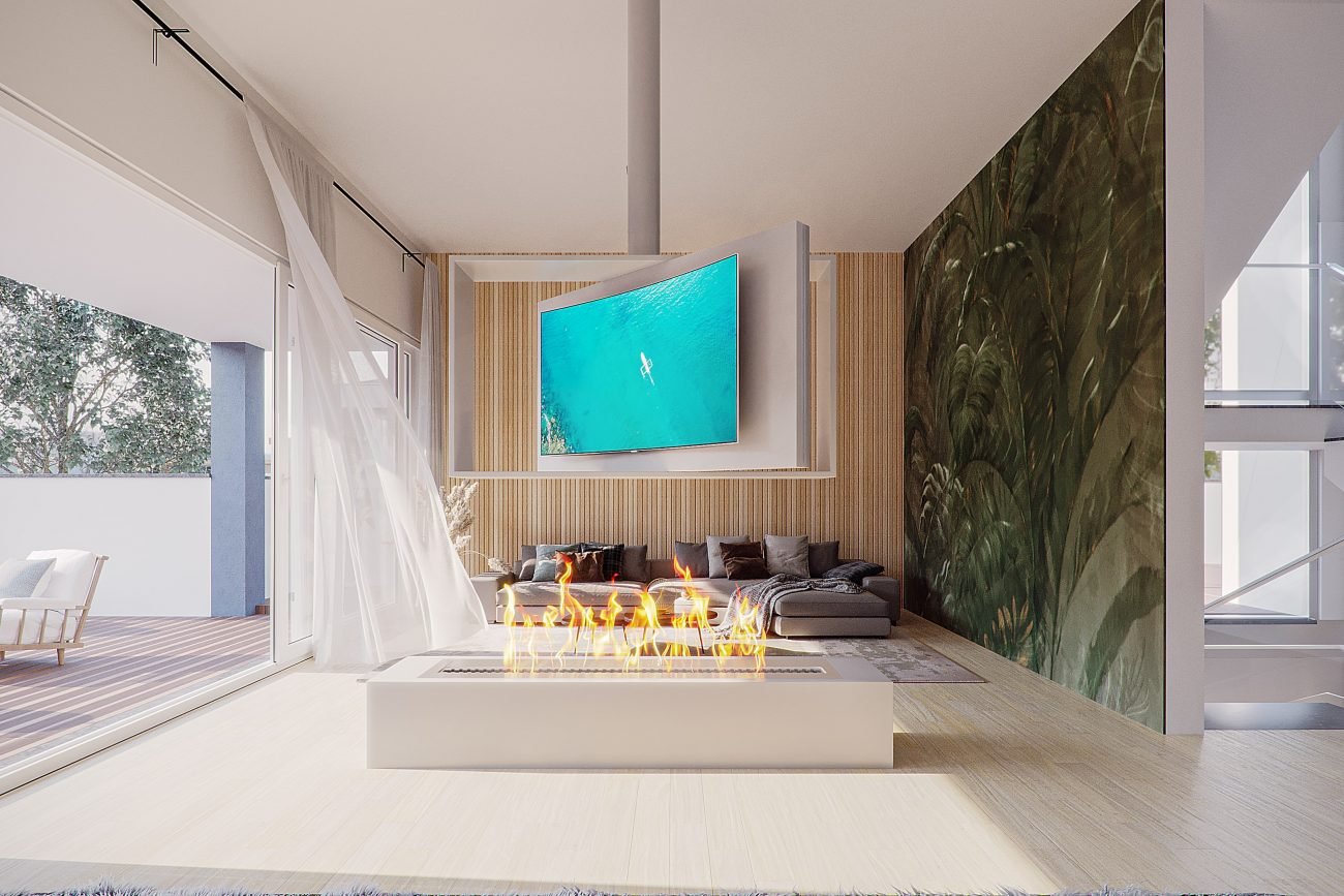 Render 3D de uma Sala com Lareira Eléctrica